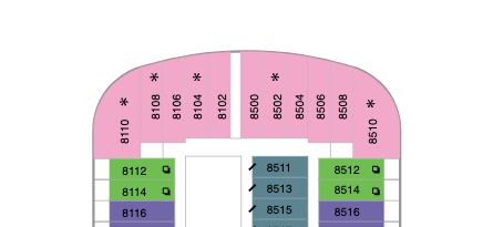Deck plan showing corner spacious Oceanview rooms on Ovation of the Seas