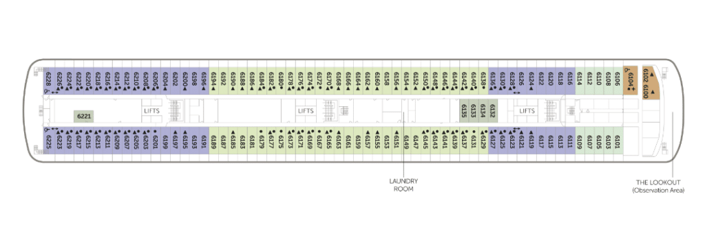 Fred Olsen Bolette deck plan showing which cabins have bath tubs