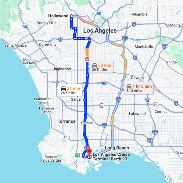 Map showing the driving distance from Hollywood to Los Angeles Cruise Terminal