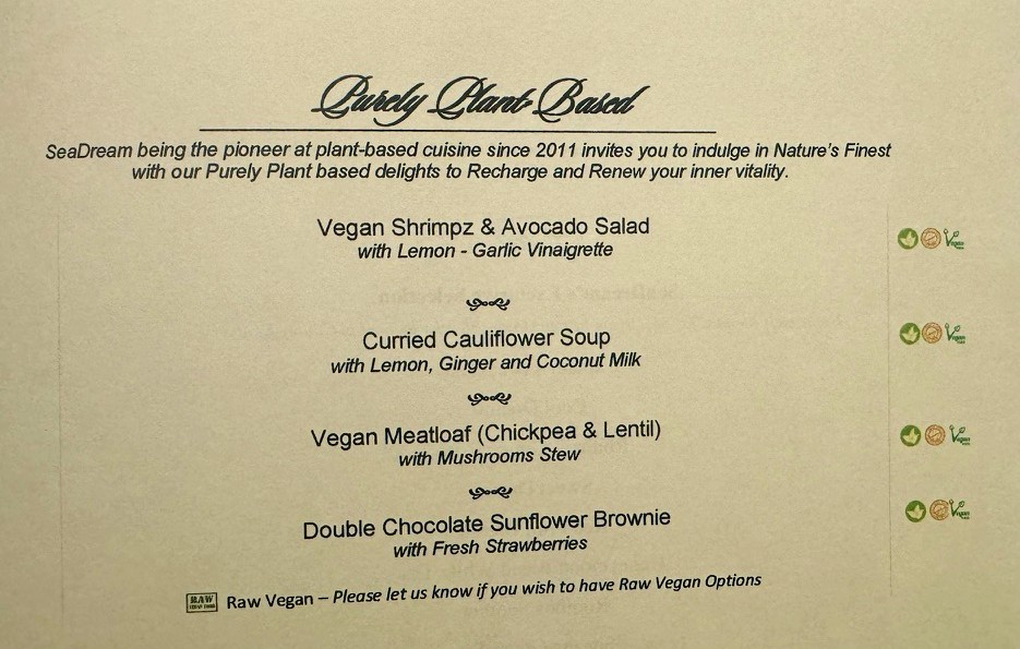 SeaDream vegan menu