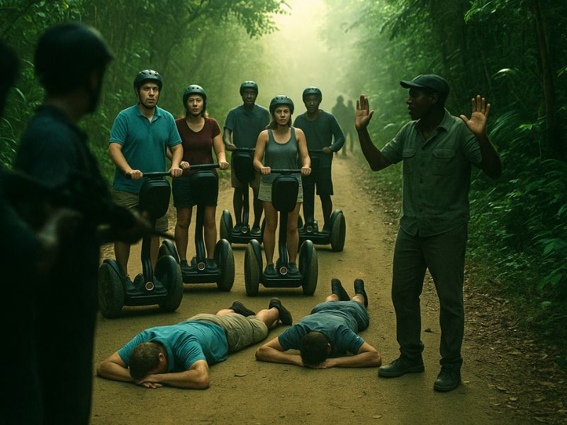 a Segway tour on an island. I think it was Jamaica. Partway through the tour they got held up at gun point by what seemed to be a militia. They beat the crap out of the tour guide and tied him up. Made everyone lie down face first on the ground. Stole everything they had on their person. Told them to lie there for an hour and not get up.