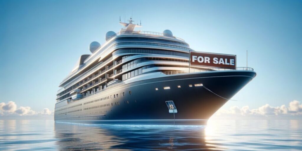 A sleek new cruise ship anchored in calm blue waters with a bright 'FOR SALE' sign displayed prominently on its upper deck, under a clear sky.