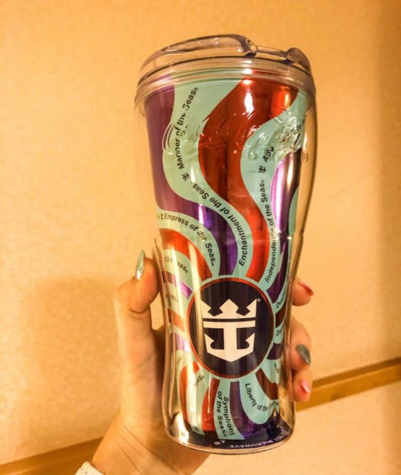 My hand holding a colorful Royal Caribbean cruise line insulated travel tumbler, decorated with names of various ships like 'Liberty of the Seas' and 'Empress of the Seas', likely a keepsake from a cruise.