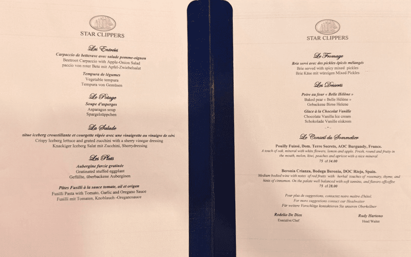Star Clippers vegan menu