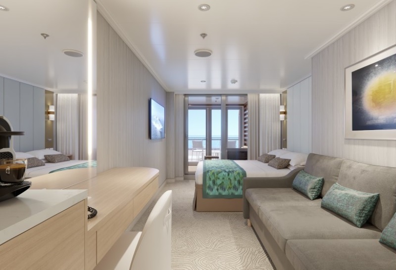 The Cabana Mini-Suite on Princess Cruises' Sun Princess, with contemporary décor, a comfortable seating area, large bed, and a balcony offering ocean views, bathed in natural light.