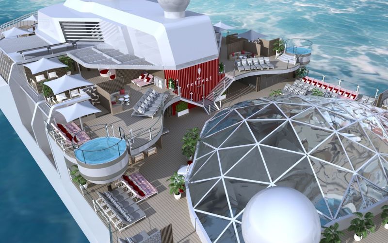 Bird's-eye view of a cruise ship's exclusive retreat area, featuring a modern design with luxurious lounging spaces, a private pool, cabanas, and a distinctive geometric glass dome. The ship's deck blends sleek architecture and tropical elements against the backdrop of the ocean.