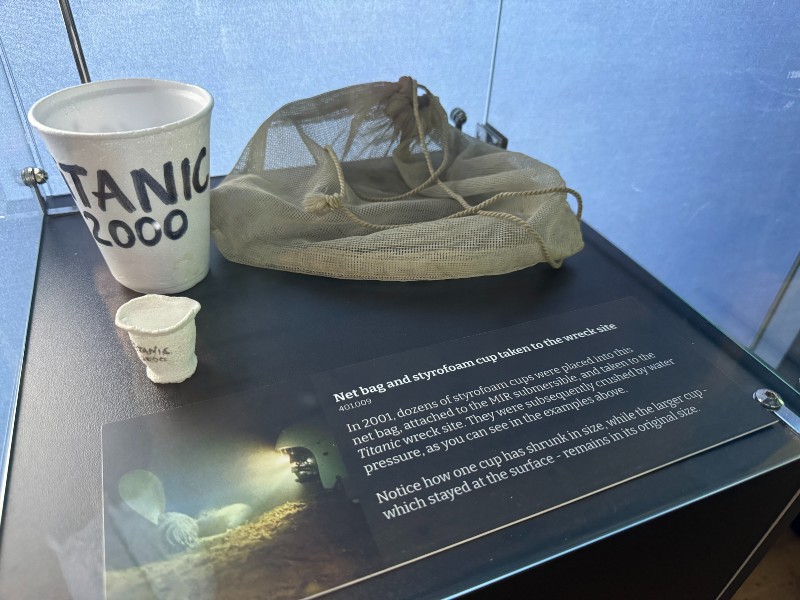 Net bag and styrofoam cup that was taken to the Titanic wreck site.