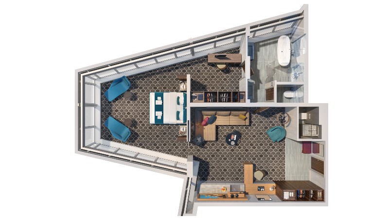 Bird's-eye layout of the Ultimate Panoramic Suite on Oasis of the Seas, showcasing a spacious interior with a living area, bedroom, and expansive ocean views