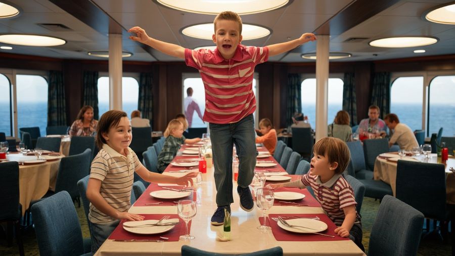A group of children are in a cruise ship dining room. One boy stands on the table with his arms outstretched, while two other children watch with expressions of surprise and amusement. The dining room is filled with other diners in the background, enjoying their meals with a view of the ocean through the large windows.