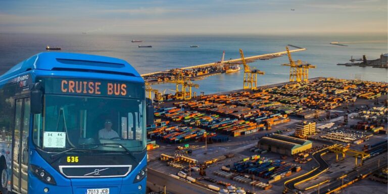 Cruise bus at a working port