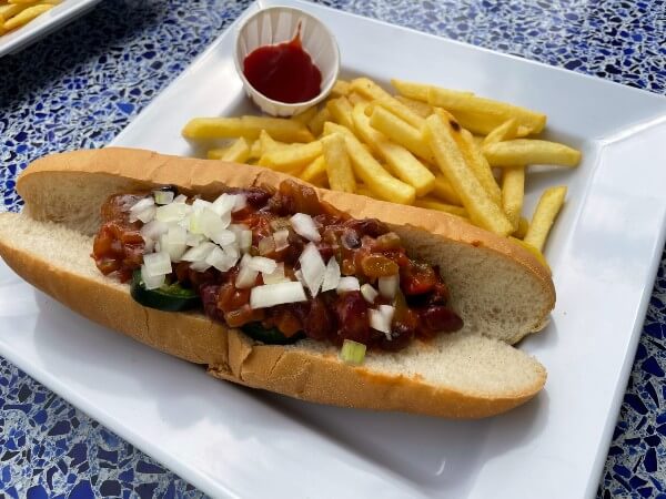 Vegan chilli dog on Disney Cruise Line