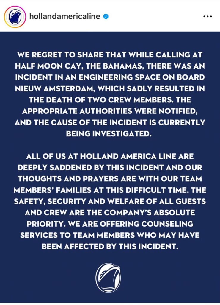 Holland America Line social media statement