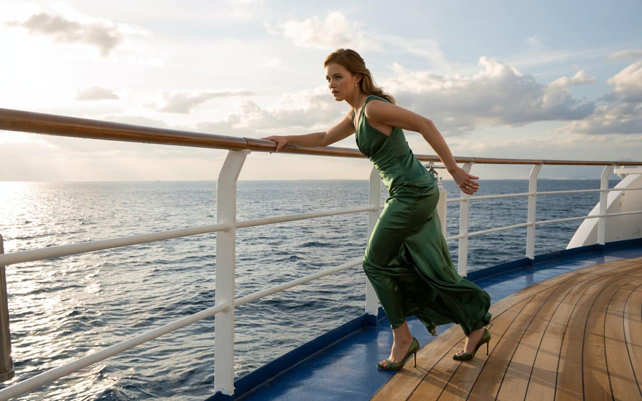 A cinematic photograph captures a glamorous woman navigating the polished deck of a luxurious cruise ship while precariously balancing in "five-inch stiletto heels". She is dressed in a flowing emerald green silk gown, her expression a mixture of determination and slight discomfort as she leans forward for balance. The vast, shimmering ocean stretches out behind her, bathed in the warm glow of the late afternoon sun, reflecting off the ship's pristine white railings and creating a dramatic, elegant scene. Soft, diffused lighting highlights the curve of her back and the intricate details of her gown, emphasizing the juxtaposition of sophistication and struggle.