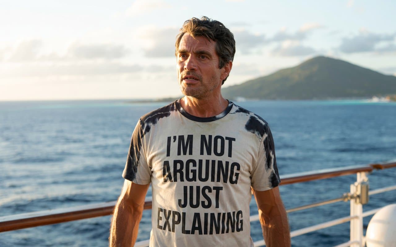 A cinematic portrait photograph captures a weathered man standing on the expansive deck of a luxurious cruise ship. He is wearing a faded white t-shirt displaying the phrase “I’m not arguing just explaining” in bold black letters, his face etched with a mixture of amusement and quiet defiance. The background showcases the vast expanse of the turquoise ocean and a distant tropical island bathed in the warm glow of the late afternoon sun, creating a striking contrast between the man's casual attire and the ship's opulence. Soft, diffused light illuminates his features, emphasizing the textures of his skin and the subtle details of his expression.