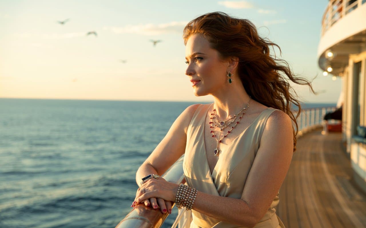 Woman on a cruise ship wearing a lot of jewellery