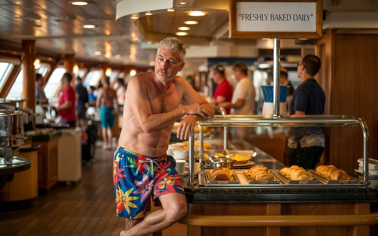 A photograph of a middle-aged man standing in the bustling buffet area of a luxury cruise ship. He is wearing bright floral swimming shorts and has bare feet, casually leaning against a stainless steel counter displaying a selection of pastries. A small sign above the counter reads "“Freshly Baked Daily”" and the background is filled with blurred figures enjoying their meals under the warm glow of recessed lighting. The scene exudes a relaxed vacation atmosphere with hints of ocean views visible through nearby windows.