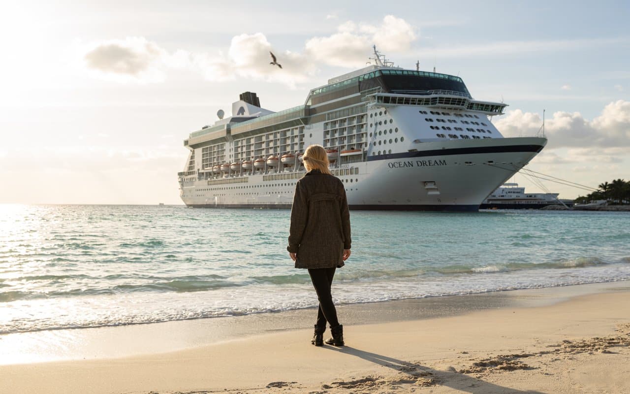 A photograph of a solitary figure standing on a pristine white sand beach next to a colossal cruise ship. The person is wearing a heavy, dark grey wool jacket and black winter boots, creating a striking contrast against the bright sunny day and tropical setting.  The cruise ship, "OCEAN DREAM", looms in the background, its white hull gleaming under the intense sunlight, while a few seagulls circle overhead. The scene is bathed in warm, golden light, casting long shadows and highlighting the unexpected juxtaposition of winter clothing and a tropical paradise.