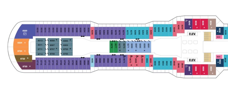 Deck Plan of Deck 8 on Anthem of the Seas showing how far from the elevator some rooms are
