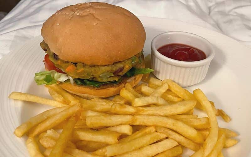 Burger and fries with ketchup
