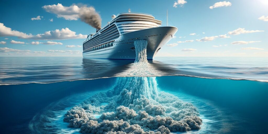 Digital composite of a large cruise ship on a tranquil ocean, with a surreal depiction of the ship’s underwater section showing a massive, exaggerated discharge of waste, symbolizing environmental impact.