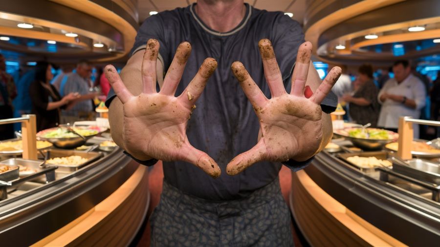 A cruise ship guest with dirty, mud-covered hands holds them up in front of a buffet, highlighting the unsanitary condition amidst a backdrop of other passengers enjoying their meals. The scene emphasizes the importance of cleanliness and hygiene in communal dining areas.