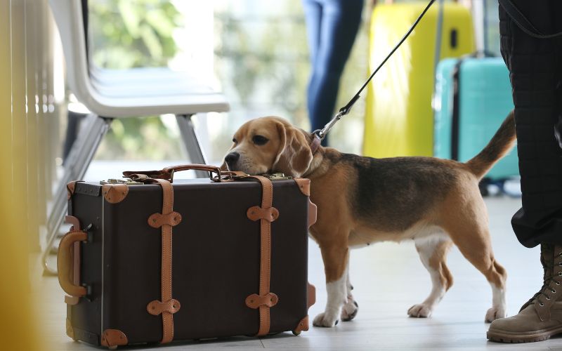 This image depicts a beagle on a leash, sniffing a stylish brown suitcase with leather accents in a bright, indoor setting. The owner, partially visible, stands beside the dog. In the background, another person and a yellow suitcase are seen, suggesting a busy travel or airport environment where the beagle might be working, possibly as a detection dog.