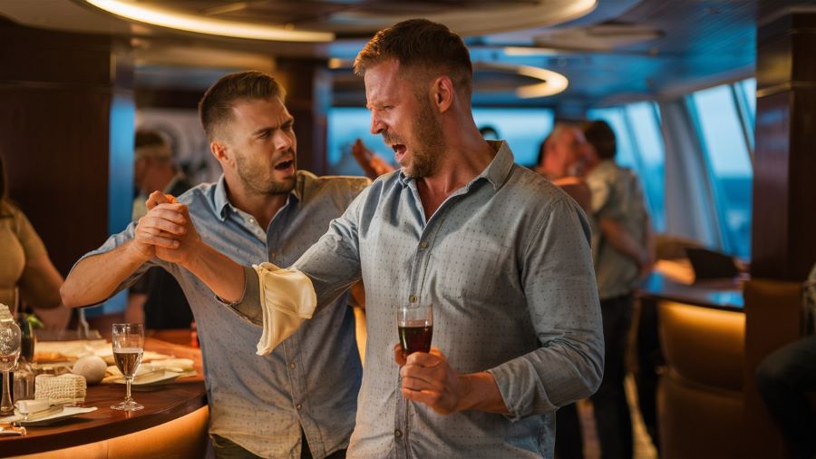 Two men, appearing to be intoxicated, are engaged in a physical altercation in a cruise ship's bar or lounge area. One man is holding a drink while the other grabs his arm, and both have distressed expressions. The setting is dimly lit with other passengers visible in the background, some of whom seem to be observing the commotion.