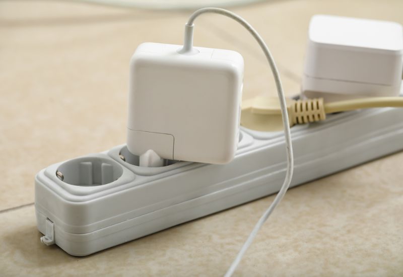 A white extension cord lies on the floor, with multiple electronic devices plugged into it. The devices include a large, square-shaped charger and a smaller adapter, both connected via their respective cords. The setup indicates a practical solution for charging multiple gadgets simultaneously in a single power source.