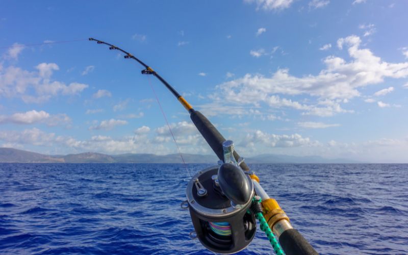  fishing rod and reel resting on the deck of a cruise ship, with the vast ocean stretching out in the background.