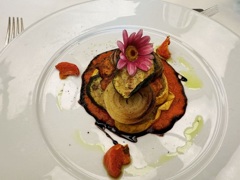 A beautifully plated vegetarian dish consisting of layered grilled vegetables, including zucchini and yellow squash, on a vibrant red pepper coulis. The dish is artistically garnished with a pink flower and drizzled with balsamic reduction.