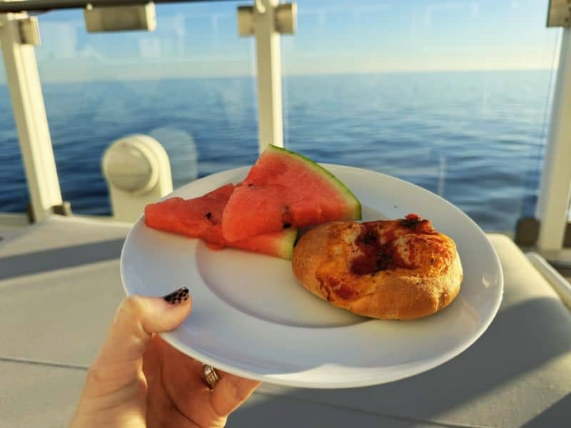 A hand holding a plate with a slice of watermelon and a pastry against the backdrop of a calm sea view on a cruise ship, offering a simple yet satisfying snack while enjoying the serene ocean environment.