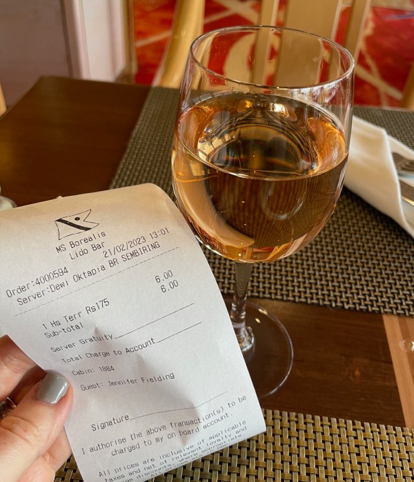It used to cost £6 for a small glass of wine on Fred. Olsen