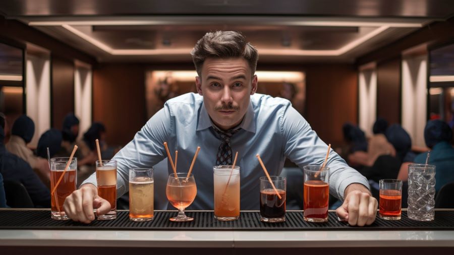 A man with a mischievous look is standing behind a bar on a cruise ship, with multiple colorful drinks lined up in front of him, suggesting he is hoarding beverages. The background shows other passengers seated and engaged in conversation, unaware of his actions.
