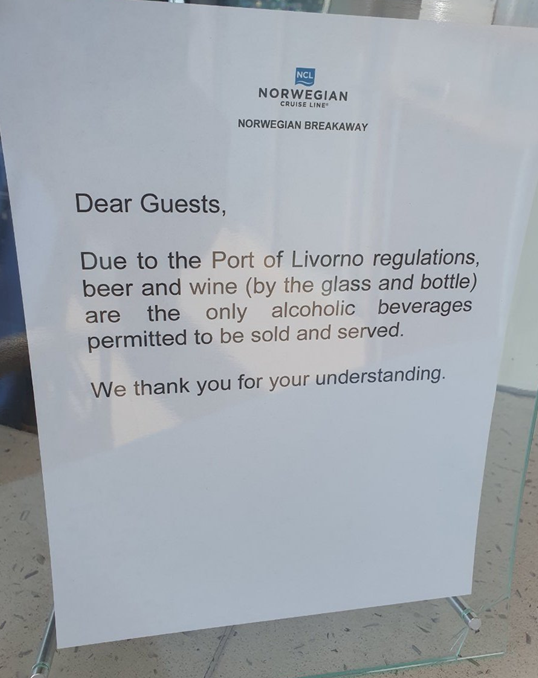 Norwegian Breakaway sign stating only beer and wine can be sold.