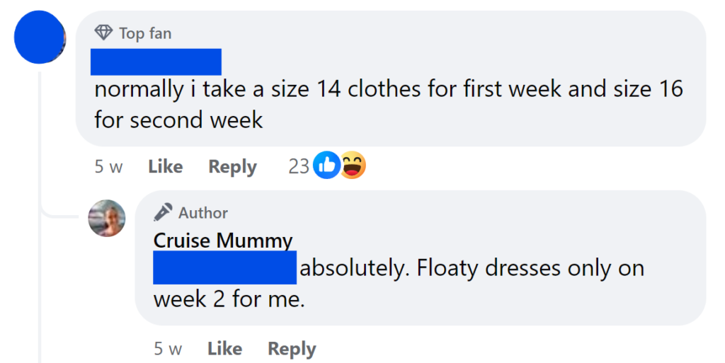 normally i take a size 14 clothes for first week and size 16 for second weekabsolutely. Floaty dresses only on week 2 for me.