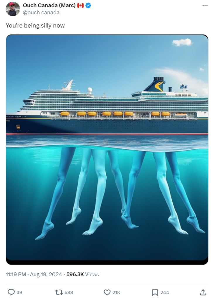 A picture of a cruise ship being supported by lots of long legs in the sea