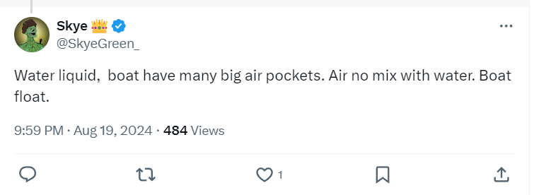 "Water liquid, boat have many big air pockets. Air no mix with water. Boat float."