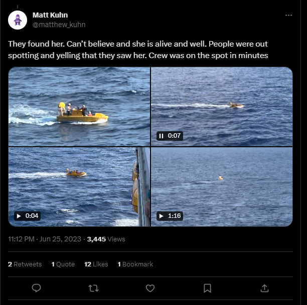 Social media screenshot of woman found after falling into the ocean from a cruise ship