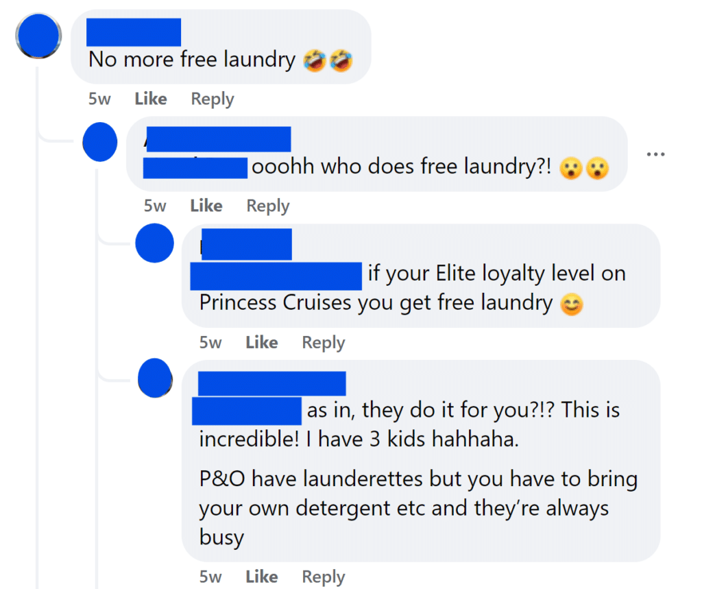 No more free laundry ooohh who does free laundry?!if your Elite loyalty level on Princess Cruises you get free laundry