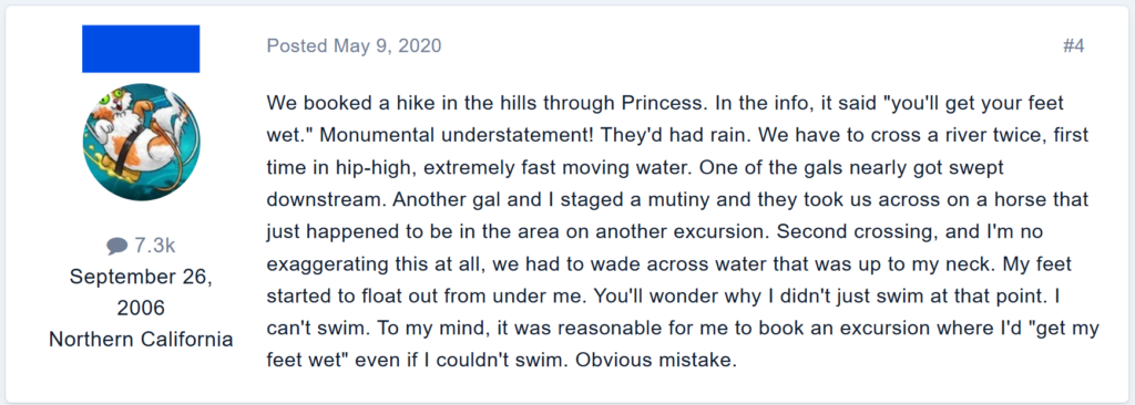 We booked a hike in the hills through Princess. In the info, it said "you'll get your feet wet." Monumental understatement! They'd had rain. We have to cross a river twice, first time in hip-high, extremely fast moving water. One of the gals nearly got swept downstream. Another gal and I staged a mutiny and they took us across on a horse that just happened to be in the area on another excursion. Second crossing, and I'm no exaggerating this at all, we had to wade across water that was up to my neck. My feet started to float out from under me. You'll wonder why I didn't just swim at that point. I can't swim. To my mind, it was reasonable for me to book an excursion where I'd "get my feet wet" even if I couldn't swim. Obvious mistake.