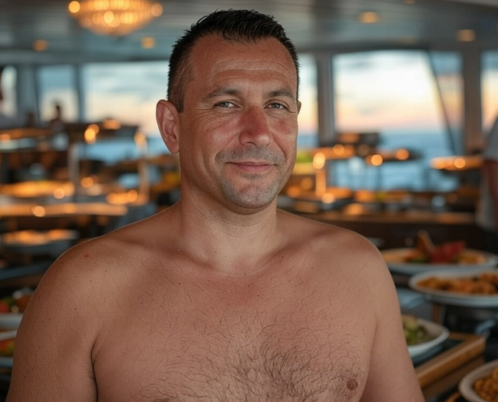 shirtless man at cruise ship buffet