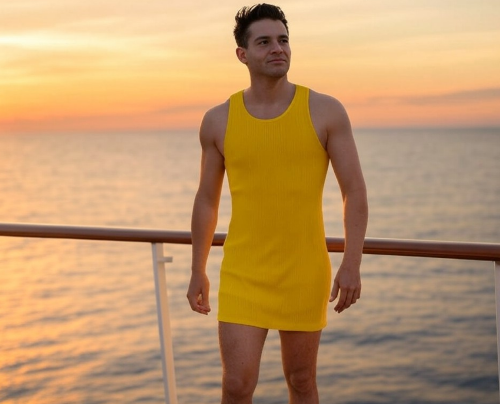 man in a very short sundress