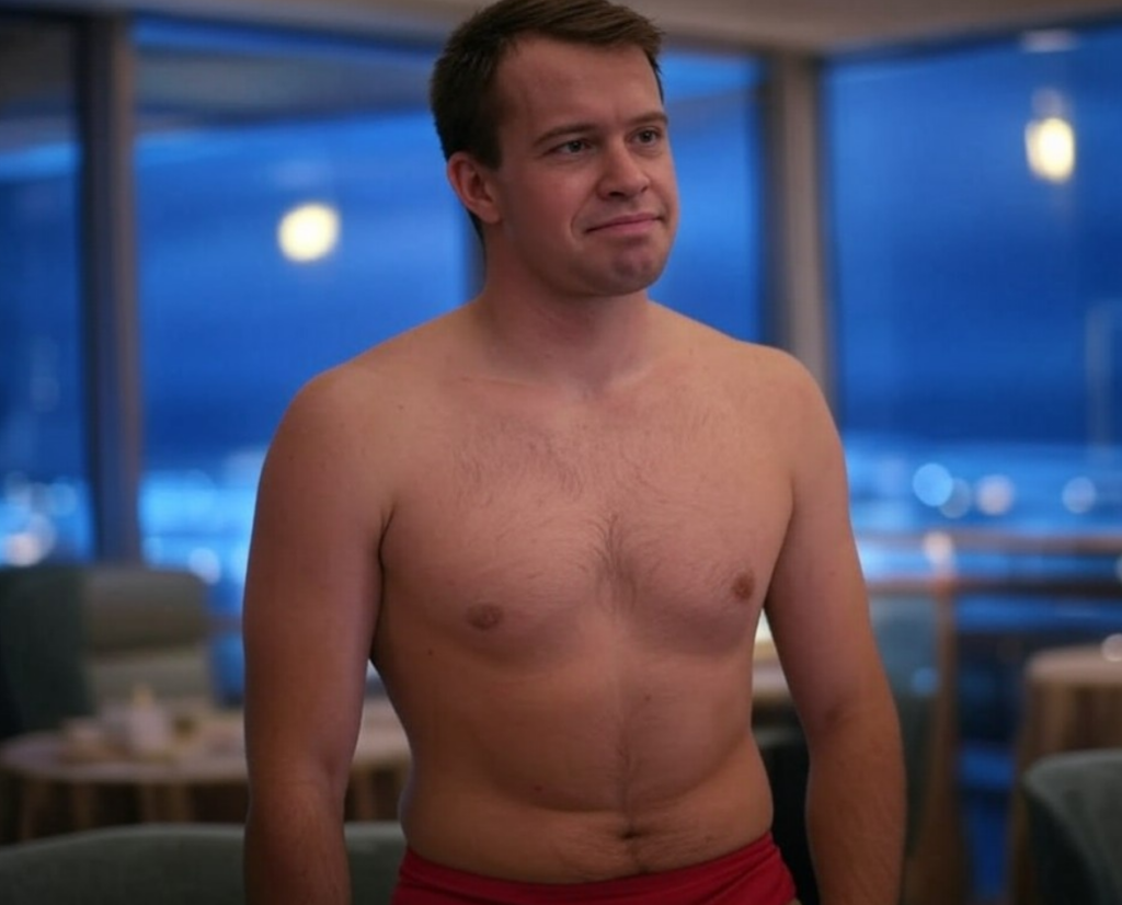 Man wearing speedos on formal night on a cruise