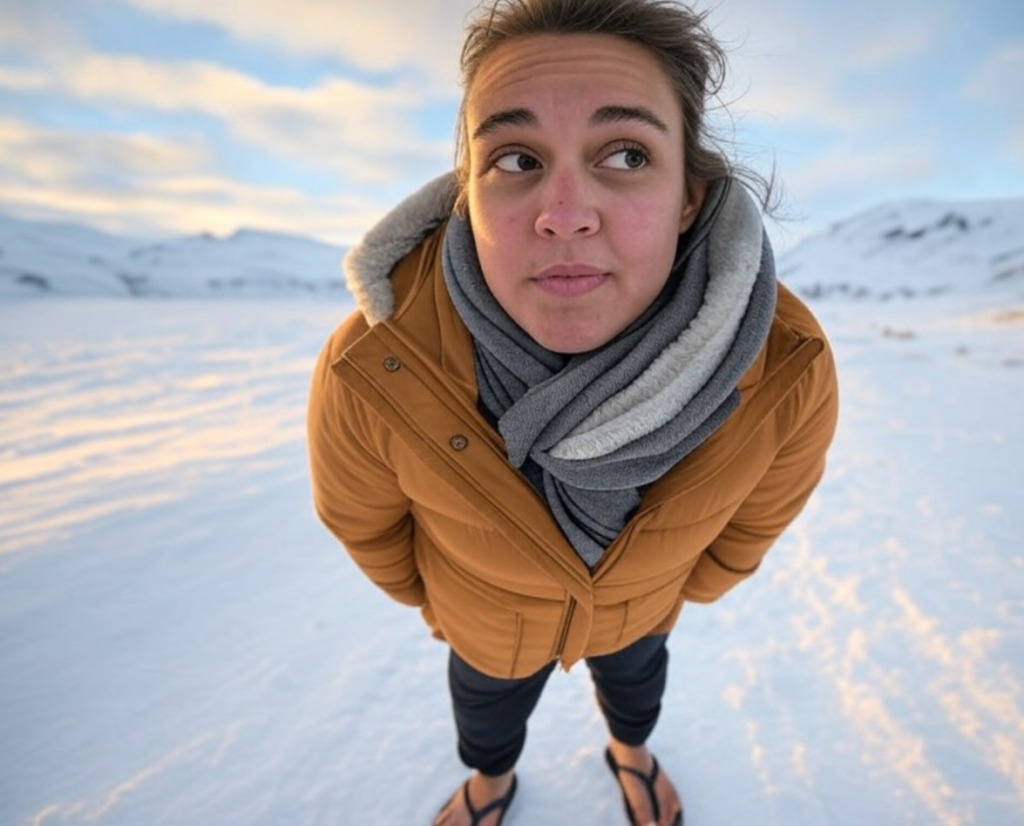 wearing flip flops on an excursion in iceland