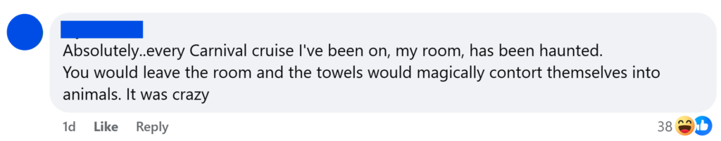 "Absolutely..every Carnival cruise I've been on, my room, has been haunted.You would leave the room and the towels would magically contort themselves into animals. It was crazy"
