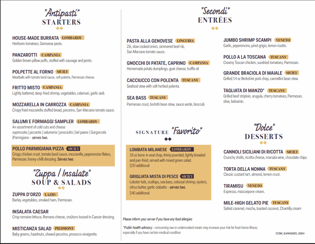 Il Viaggio menu