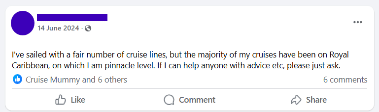 "I've sailed with a fair number of cruise lines, but the majority of my cruises have been on Royal Caribbean, on which I am pinnacle level. If I can help anyone with advice etc. please just ask."