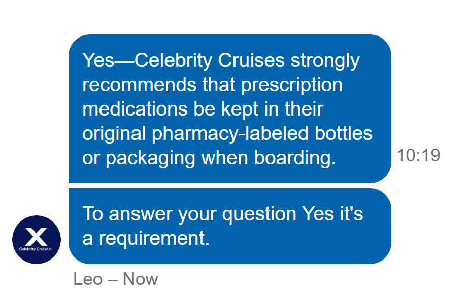 Celebrity Cruises medication reply.
