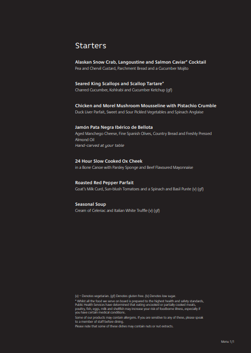 Epicurean menu - starters