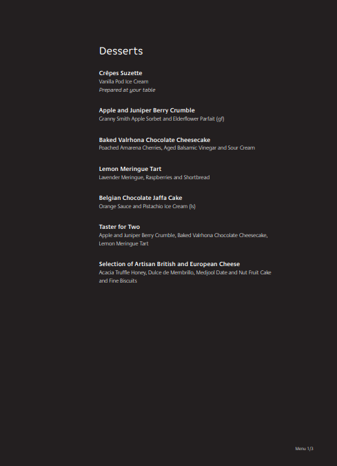 Epicurean menu  - desserts